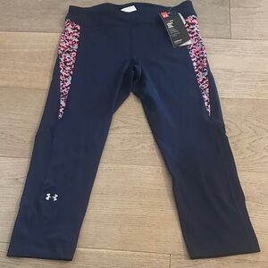 NWT Under Armour Dark Blue Heat Gear Leggings with Pink Pattern sz M